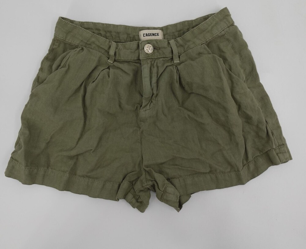 L'Agence Shorts Womens 26 Green Mid Rise Linen Zahari Pleated Chino Casual